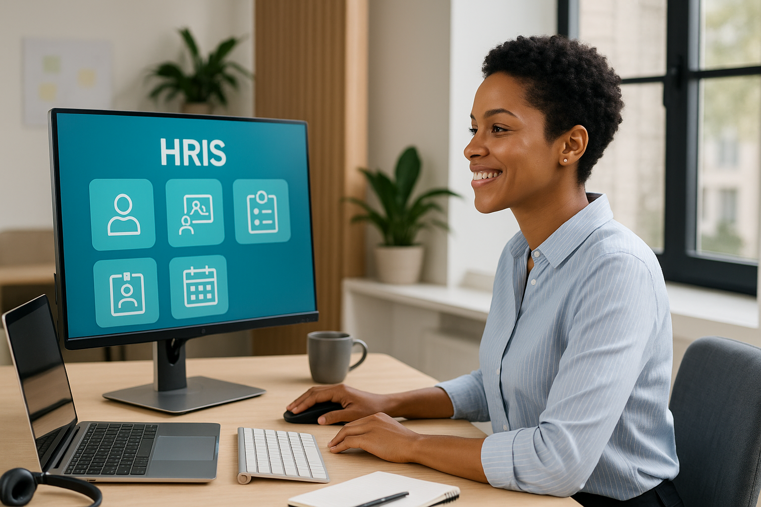 HR manager using HRIS dashboard to manage employee database and organizational charts for Ohio company